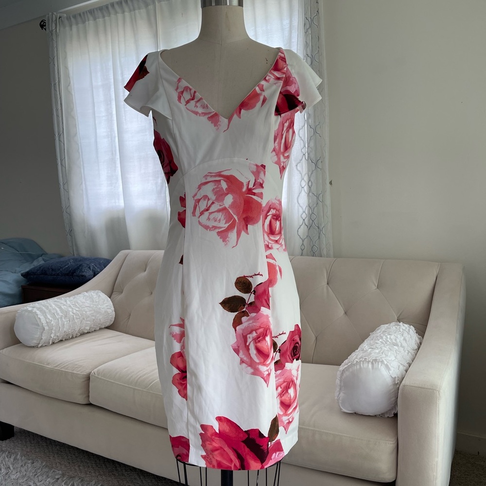 Guess flutter sleeve red and white floral cocktail dress -4